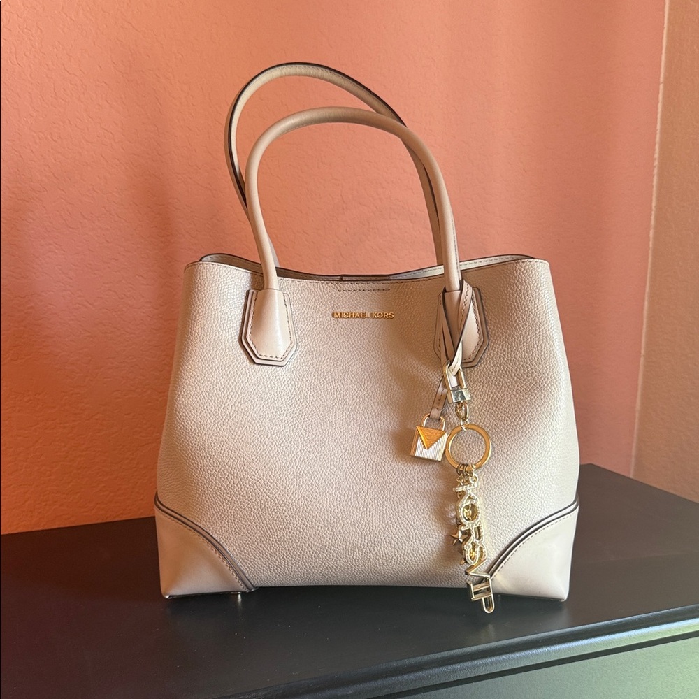Michael Kors Beige Leather Tote with Gold Accents